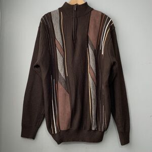 Gachu Mens XL Dark Brown 1/4 Zip Sweater Eclectic Grandpa Retro Faux Leather